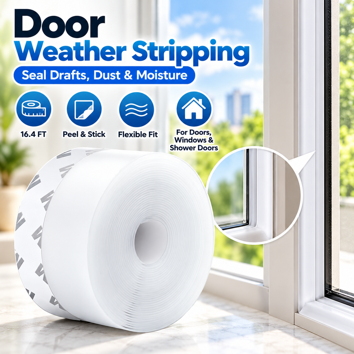 16.4Ft Door Weather Stripping | Adhesive Draft Stopper Seal Strip for Doors, Windows & Shower Doors