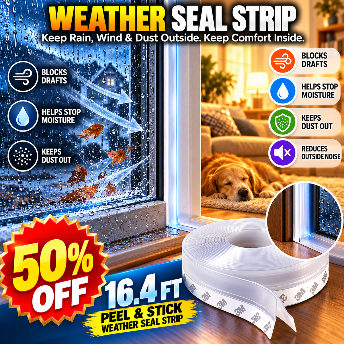 16.4Ft Door Weather Stripping | Adhesive Draft Stopper Seal Strip for Doors, Windows & Shower Doors